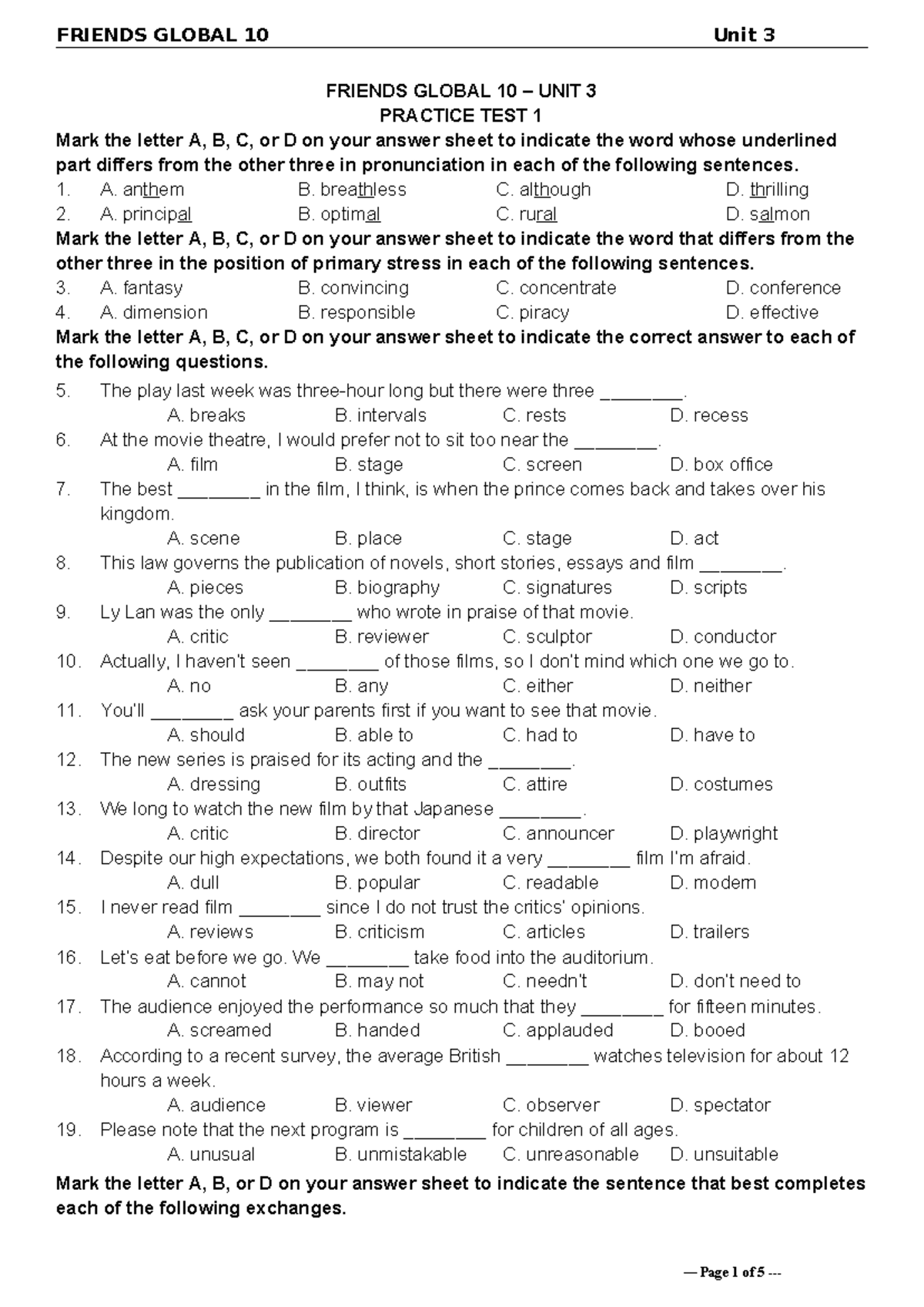 Tieng Anh 10 - Global Friends Unit 3 - Practice Test 1 - Studocu