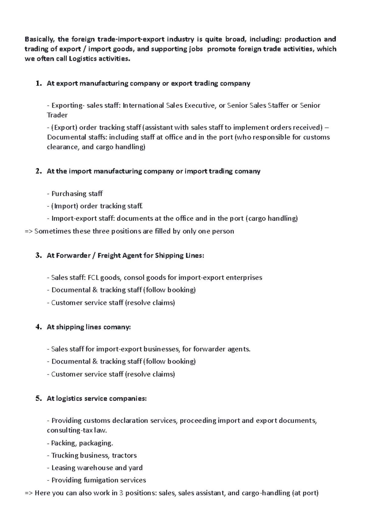 Job Description in Import Export industry - Basically, the foreign ...
