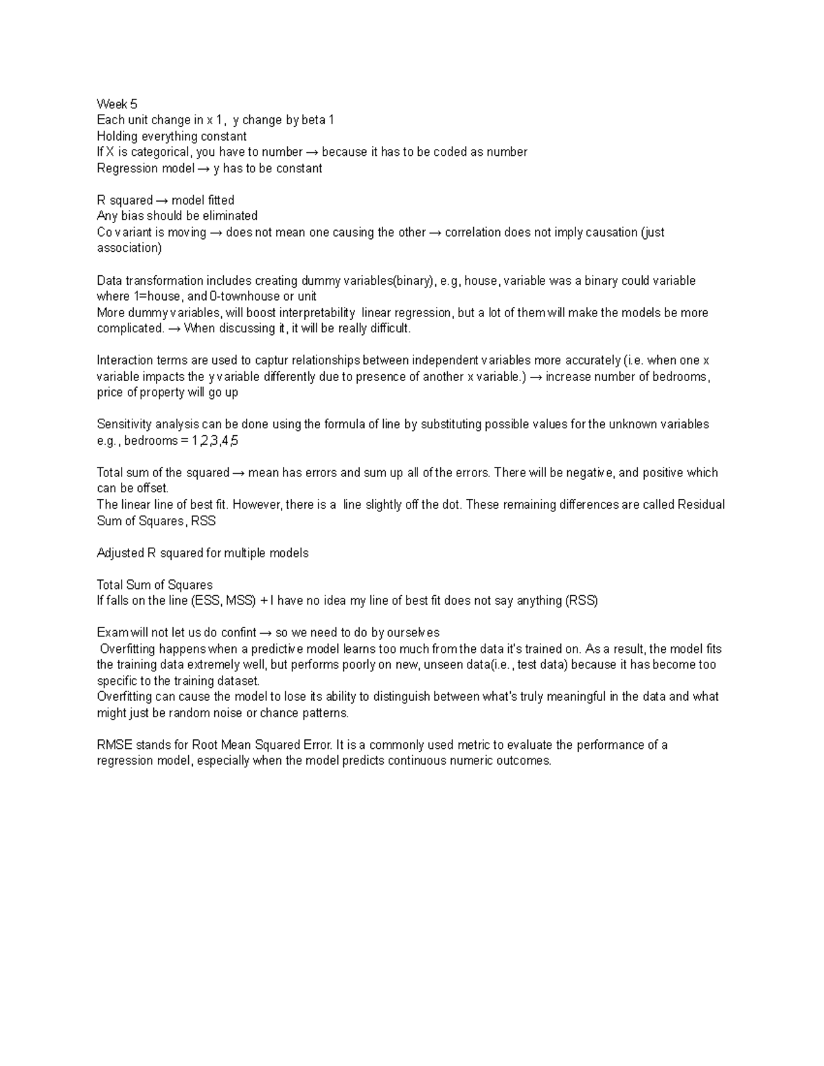 Comm1190 w5 tut note - Week 5 Each unit change in x 1, y change by beta ...