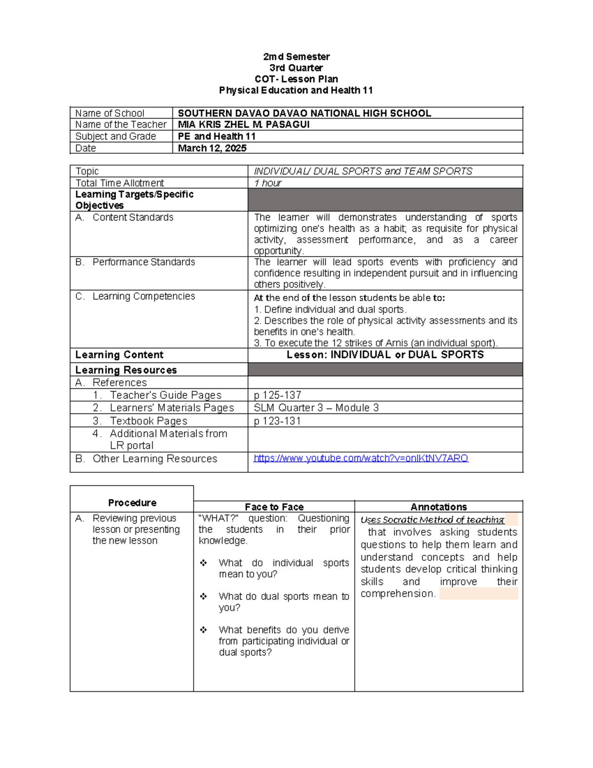 COT PE 11 - SHS (2025) Lesson Plan: Dual & Individual Sports - Studocu