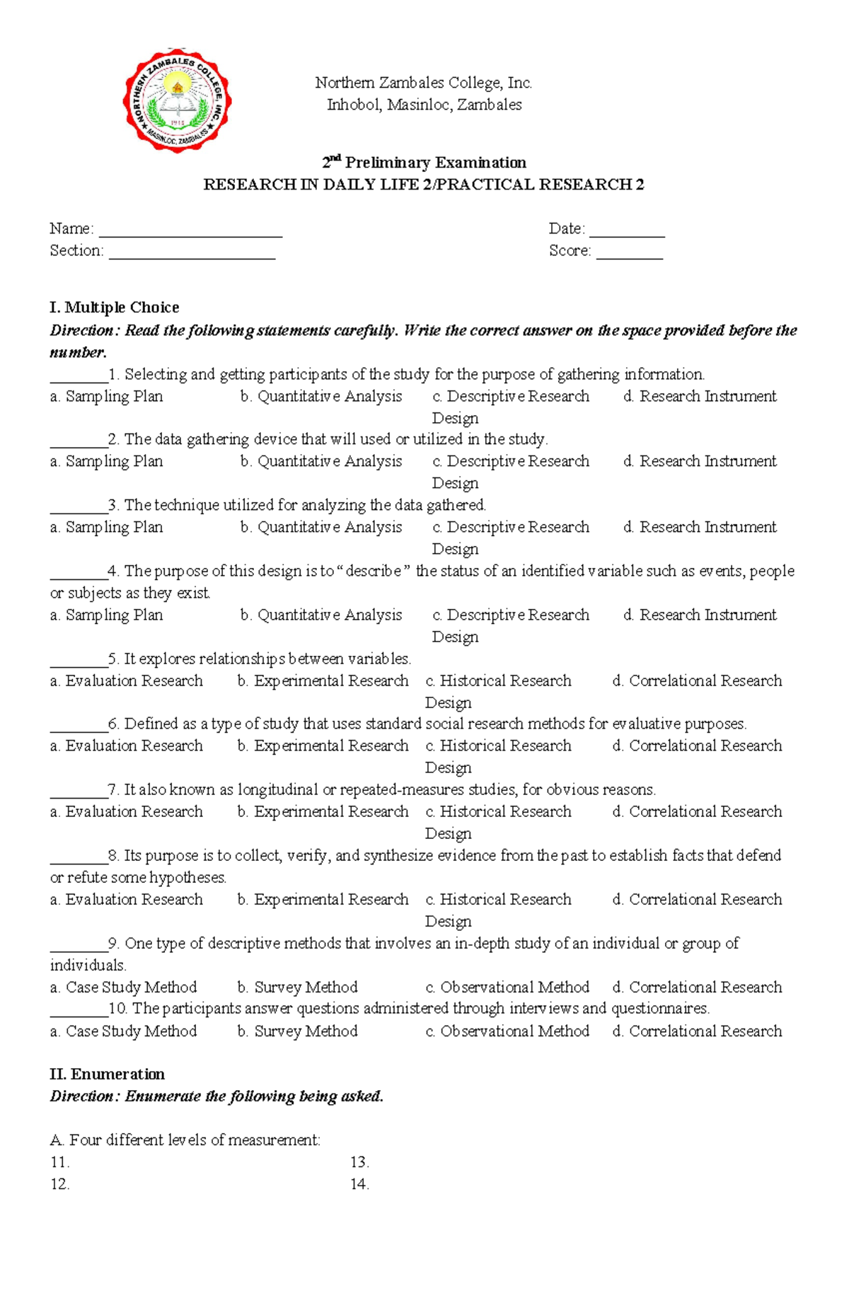 PR2 - 2nd Preliminary Exam in Practical Research 2: MCQs & Essay - Studocu