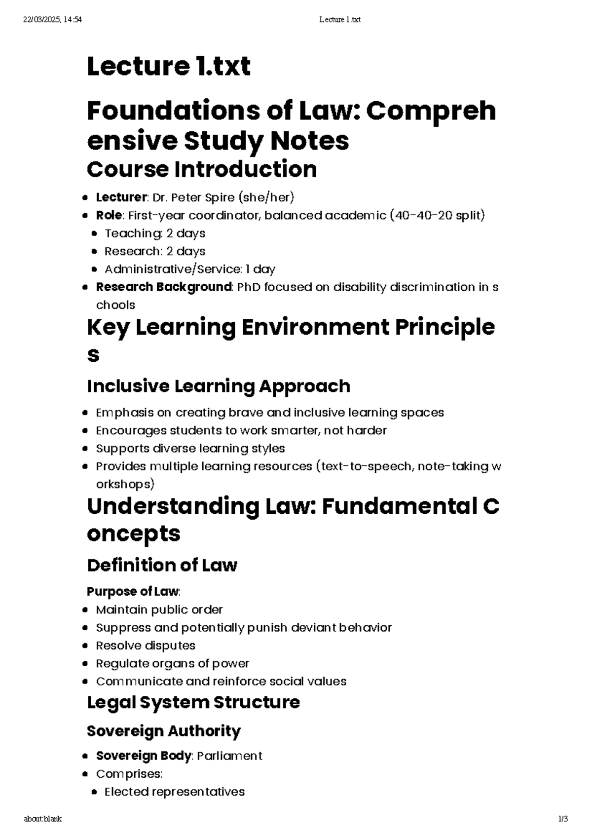 Lecture 1 Notes - Lecture 1 Foundations of Law: Compreh ensive Study ...