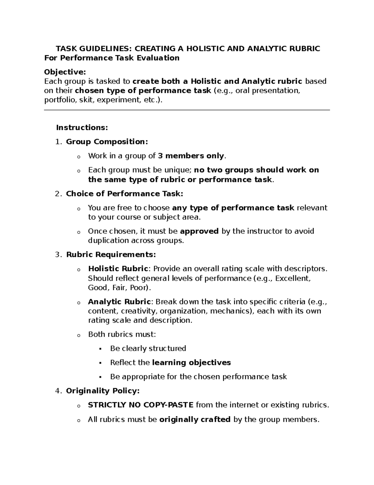 Midterm Activity: Creating Holistic & Analytic Rubrics for Evaluation ...