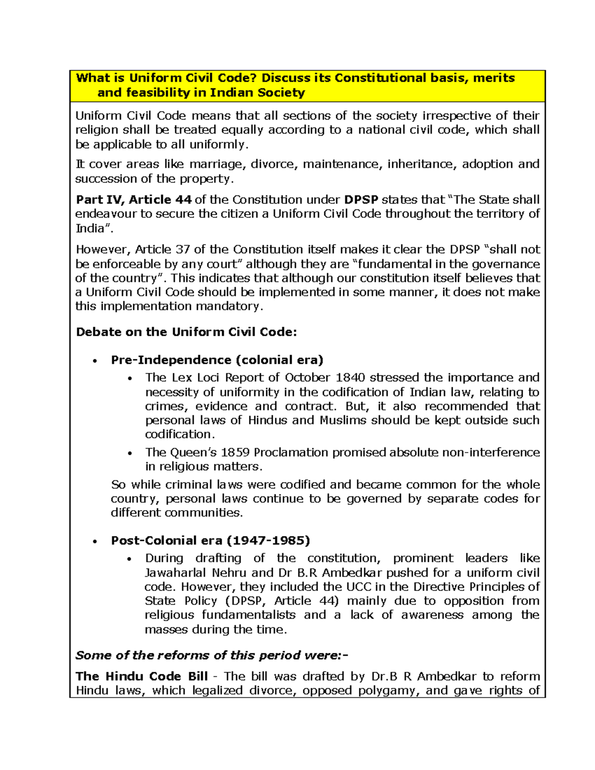 Uniform Civil Code - It cover areas like marriage, divorce, maintenance ...