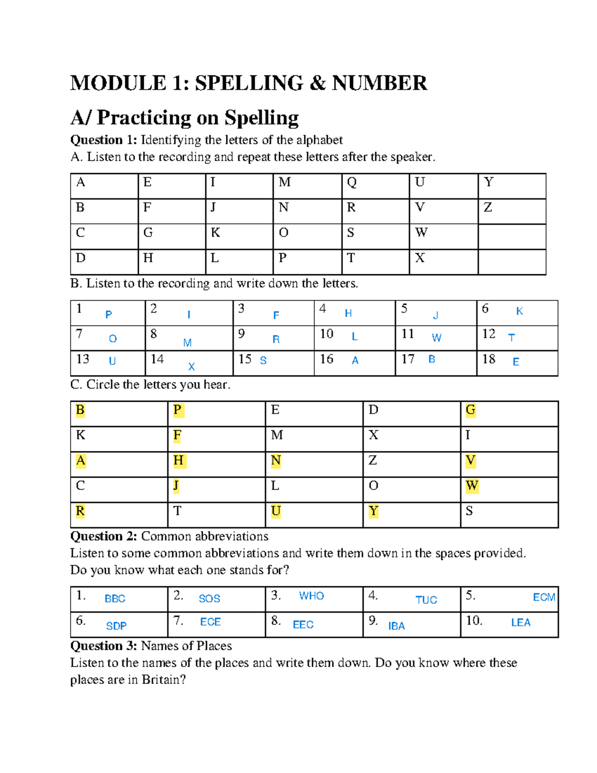 Spelling & Number Practice 2: Essential Exercises for Module 1 - Studocu