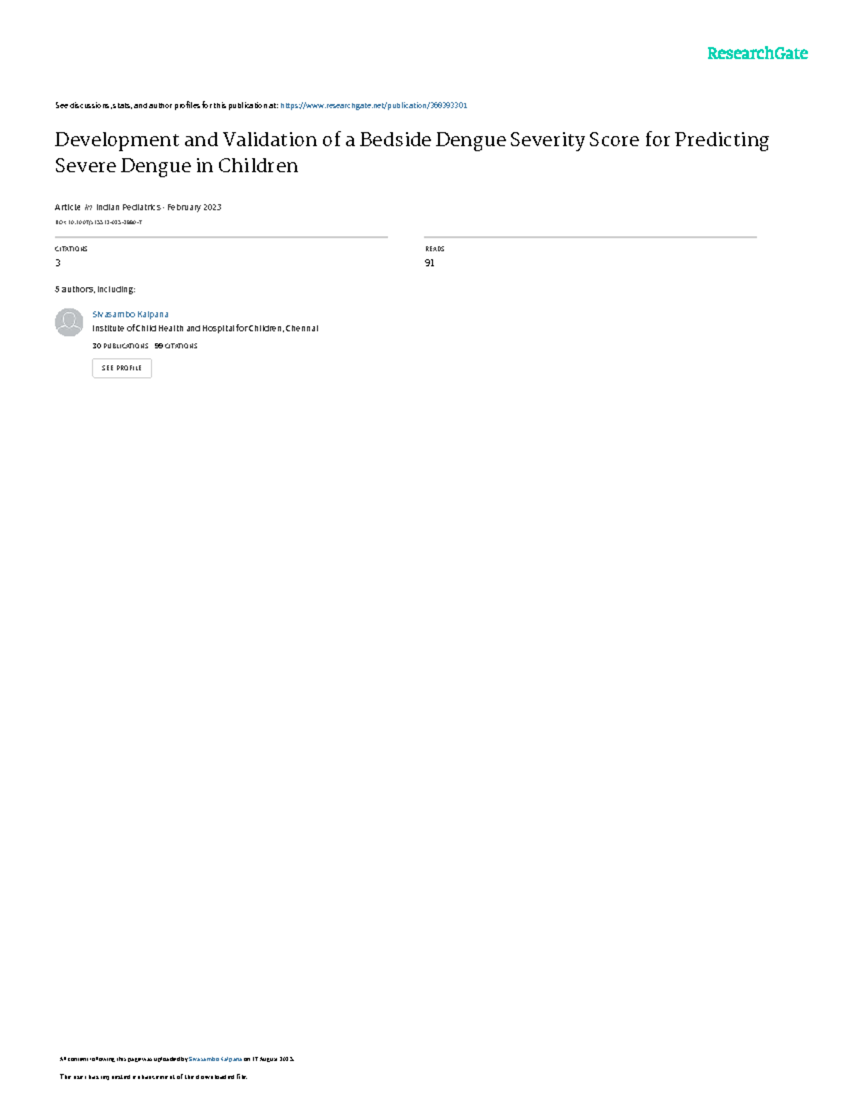 Development and Validation of a Bedside Dengue Sev - See discussions ...