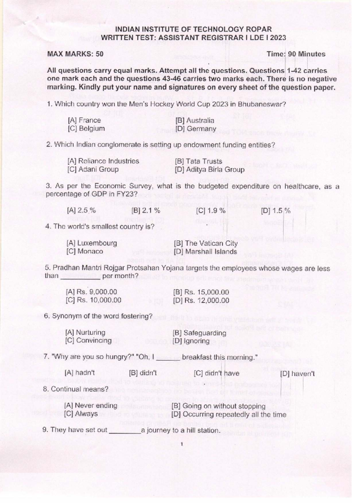 IIT Ropar Assistant Registrar Written Test 2023 - Max Marks: 50 - Studocu