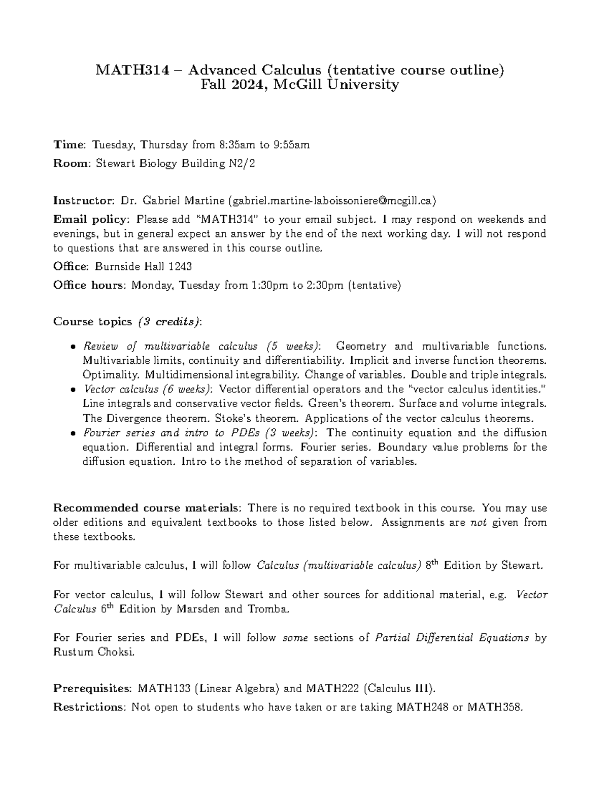 MATH314 - Advanced Calculus Course Syllabus for Fall 2024 - Studocu