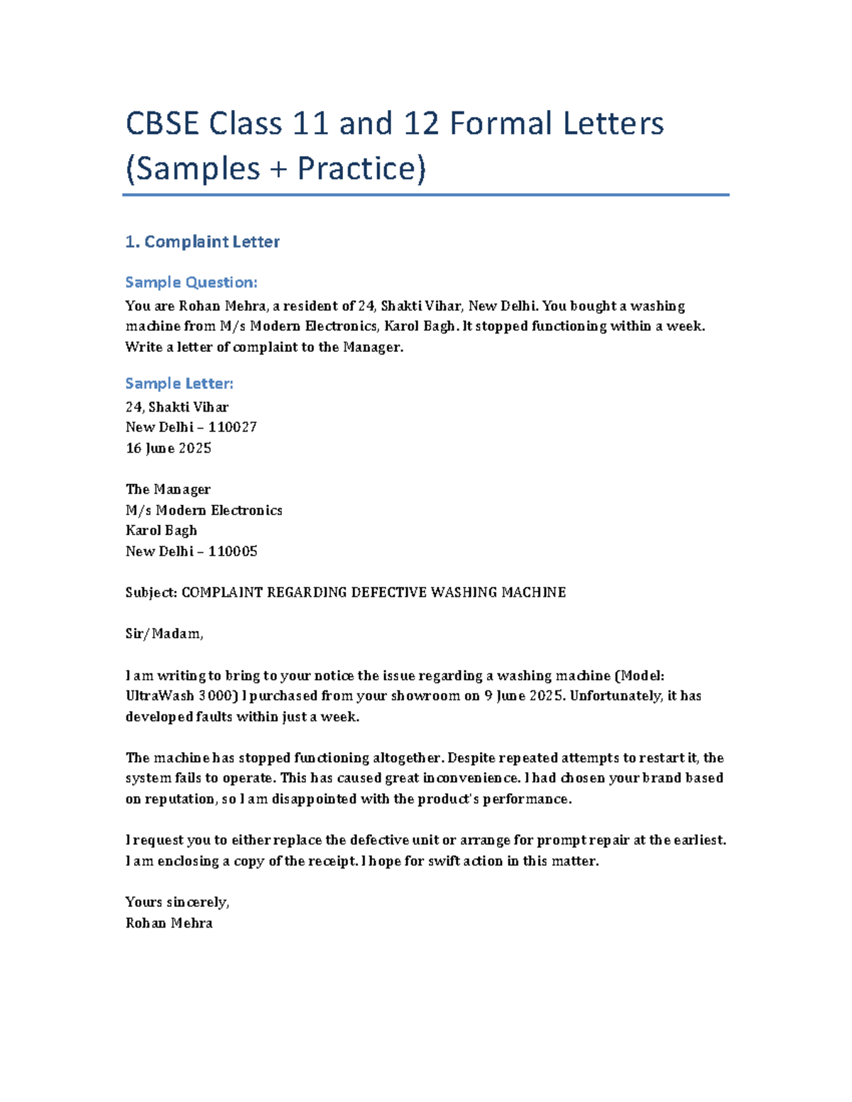 CBSE Class 12 Formal Letters: Samples & Practice Questions - Studocu