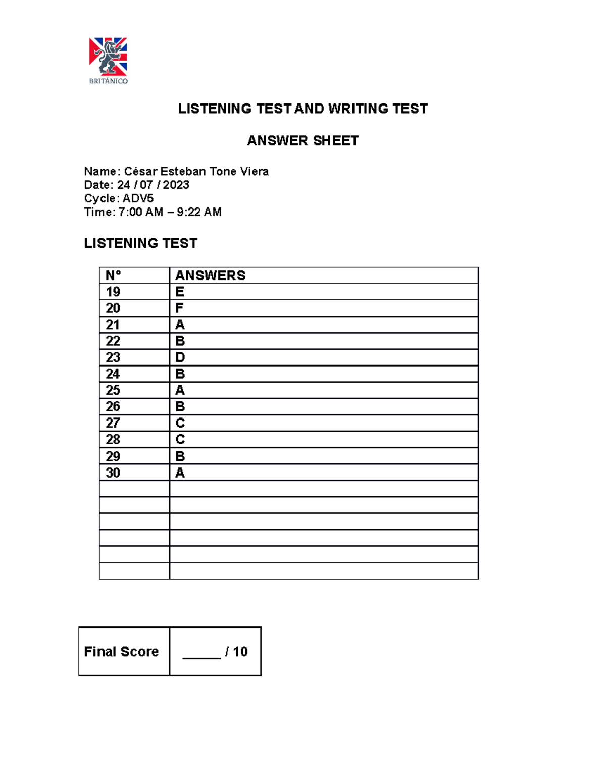 Listening & Writing Test Answer Sheet - ADV 5 by César Tone - Studocu