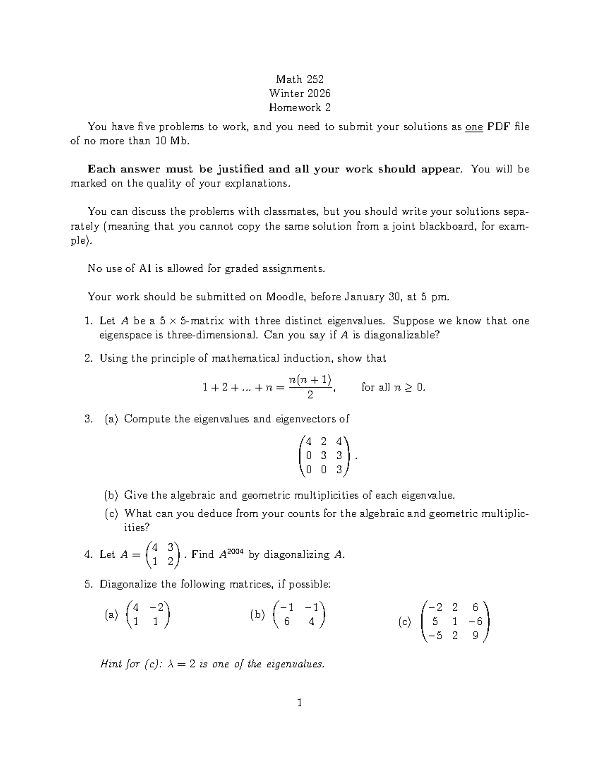 Math 252 Winter 2026 Homework 2: Eigenvalues & Diagonalization - Studocu