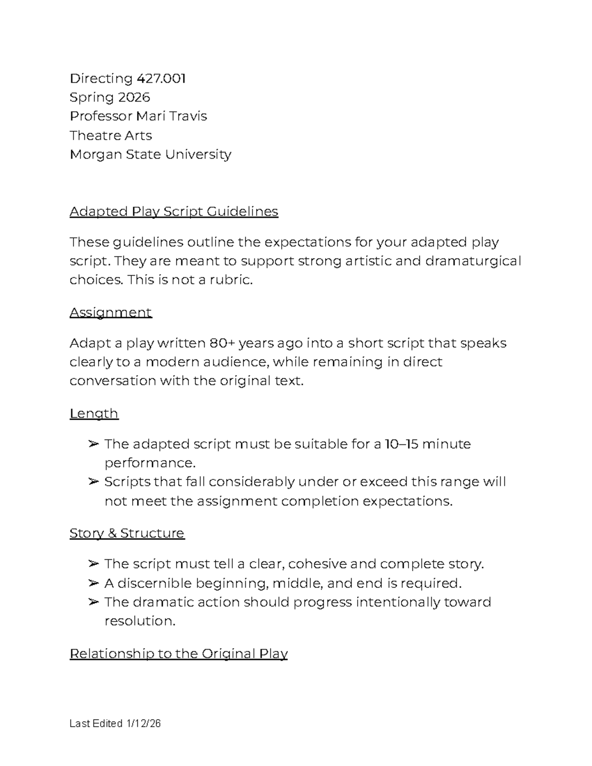 Directing 427.001 Spring: Adapted Play Script Guidelines - Studocu