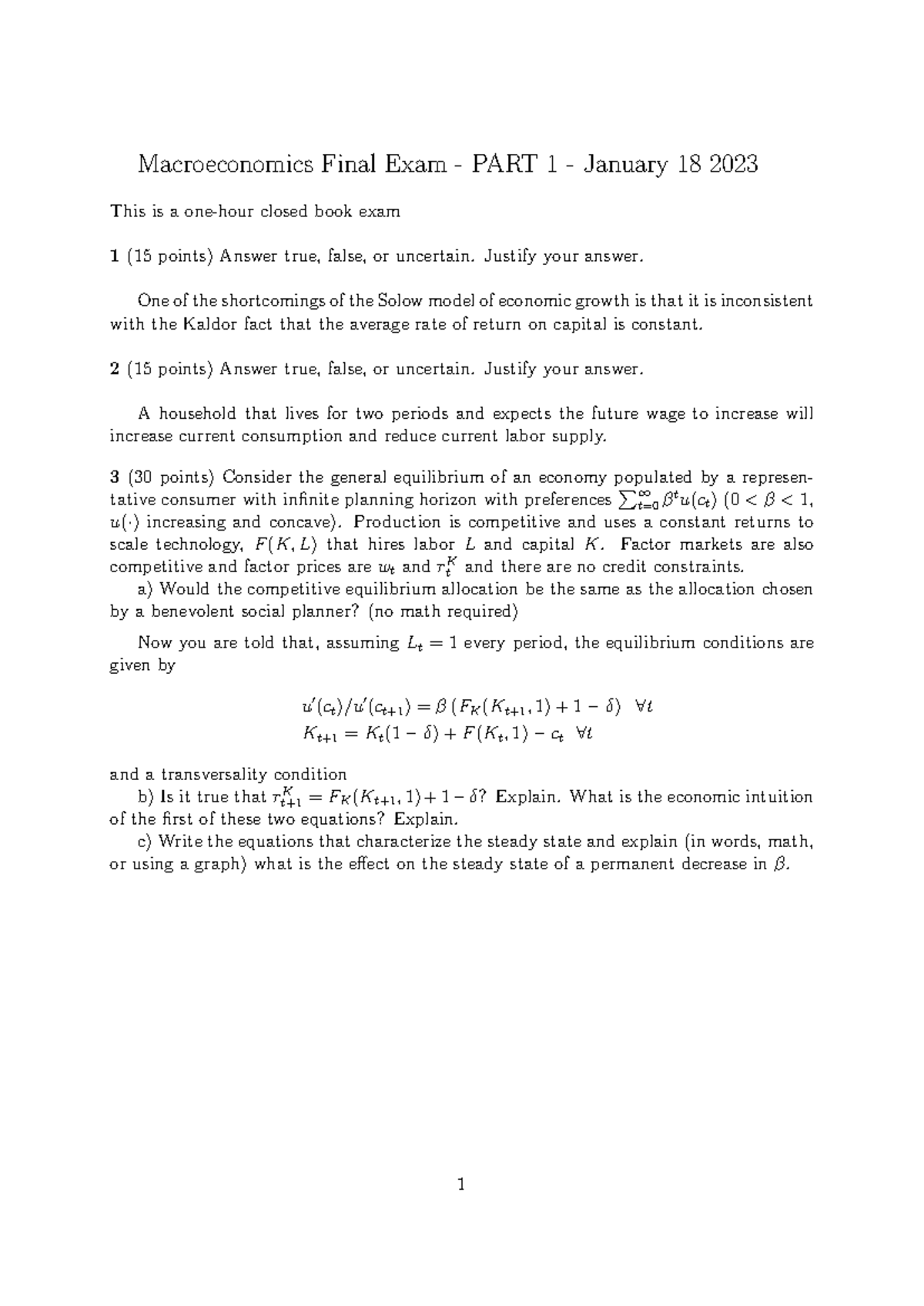 Macroeconomics Final Exam (Macro 101) - January 2023 Part 1 - Studocu