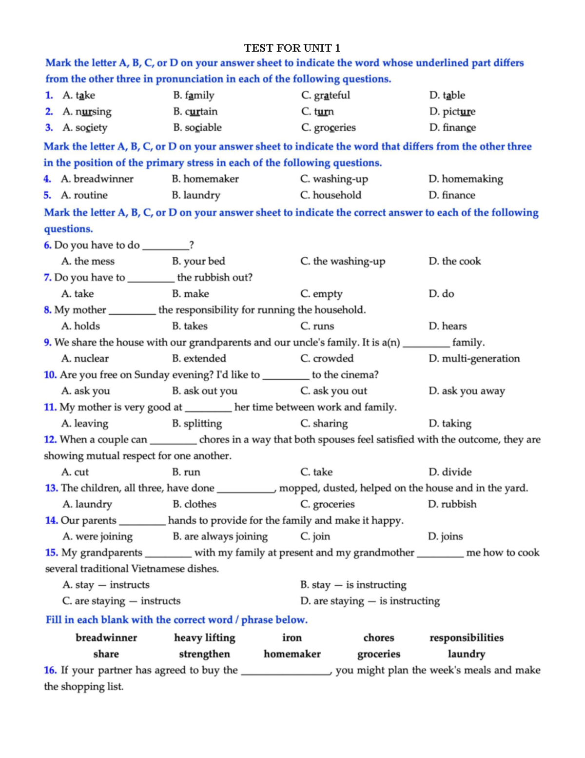 TEST FOR UNIT 1 - Easy - English Composition B1 - TEST FOR UNIT Are ...