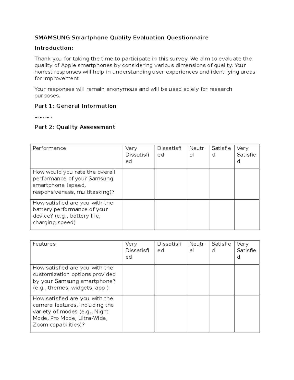 Samsung Smartphone Quality Evaluation Survey Questionnaire - Studocu