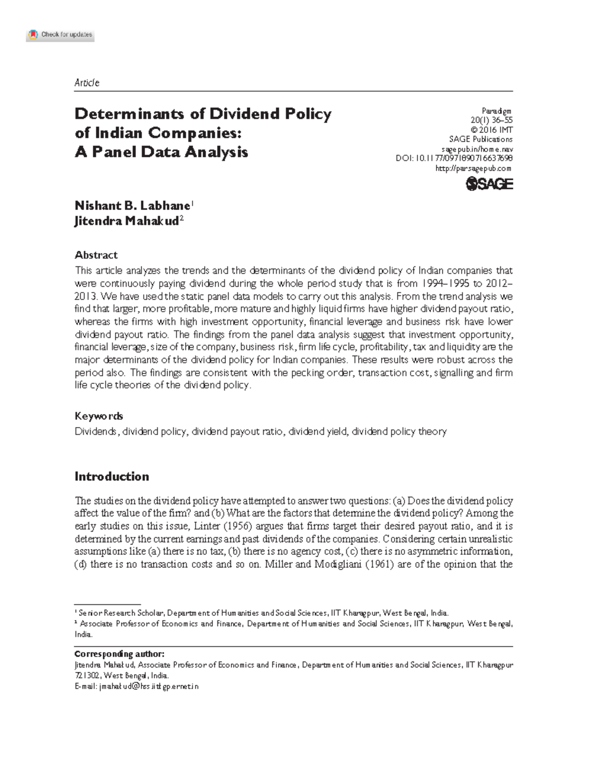 Determinants of Dividend Policy in Indian Companies: A Panel Data ...