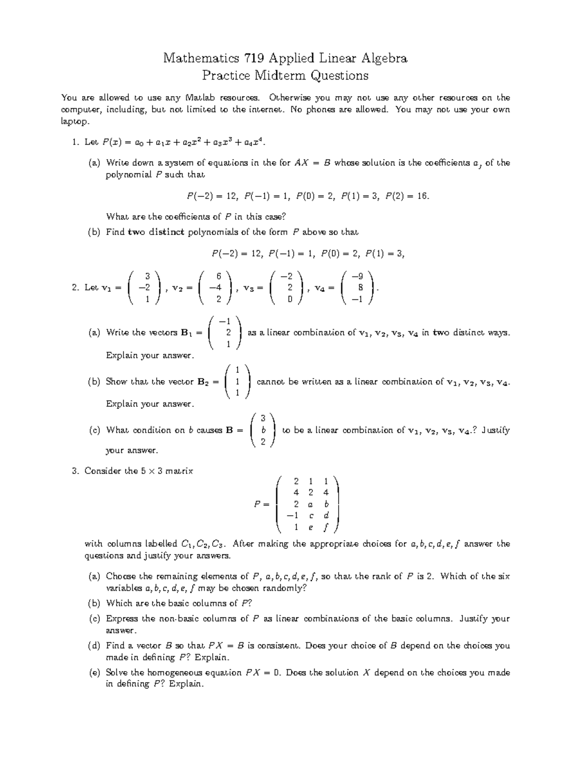 MTH719 Applied Linear Algebra Practice Midterm Questions - Studocu