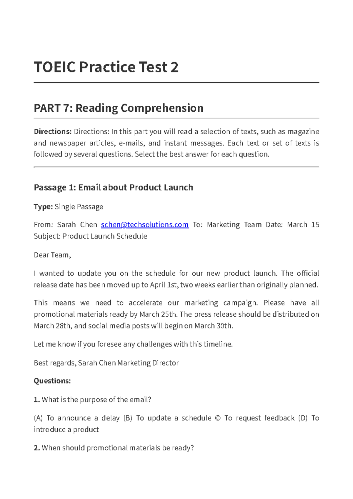 Test 2 Part 7 - TOEIC Exam Reading Comprehension Practice - Studocu