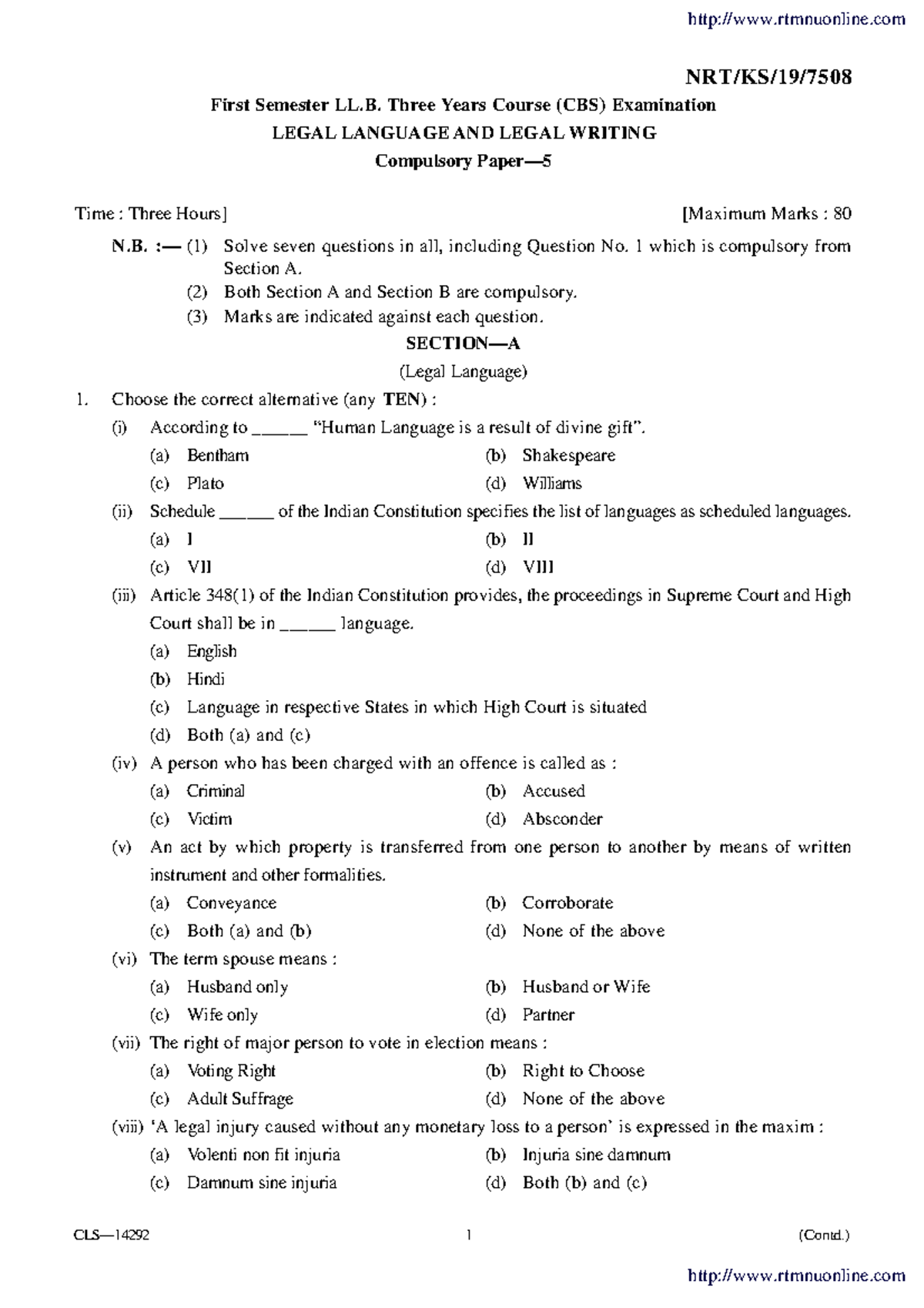 LLB 1 Sem Summer 2019: Legal Language & Legal Writing Exam P5 7508 ...