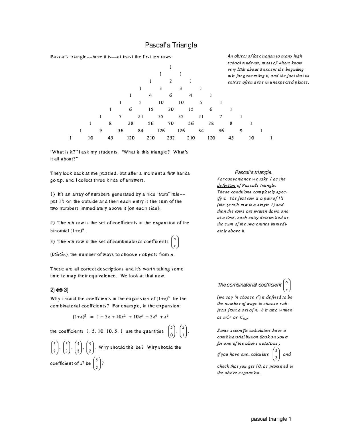Pascal's Triangle: Insights and Applications in Combinatorics (MATH 101 ...