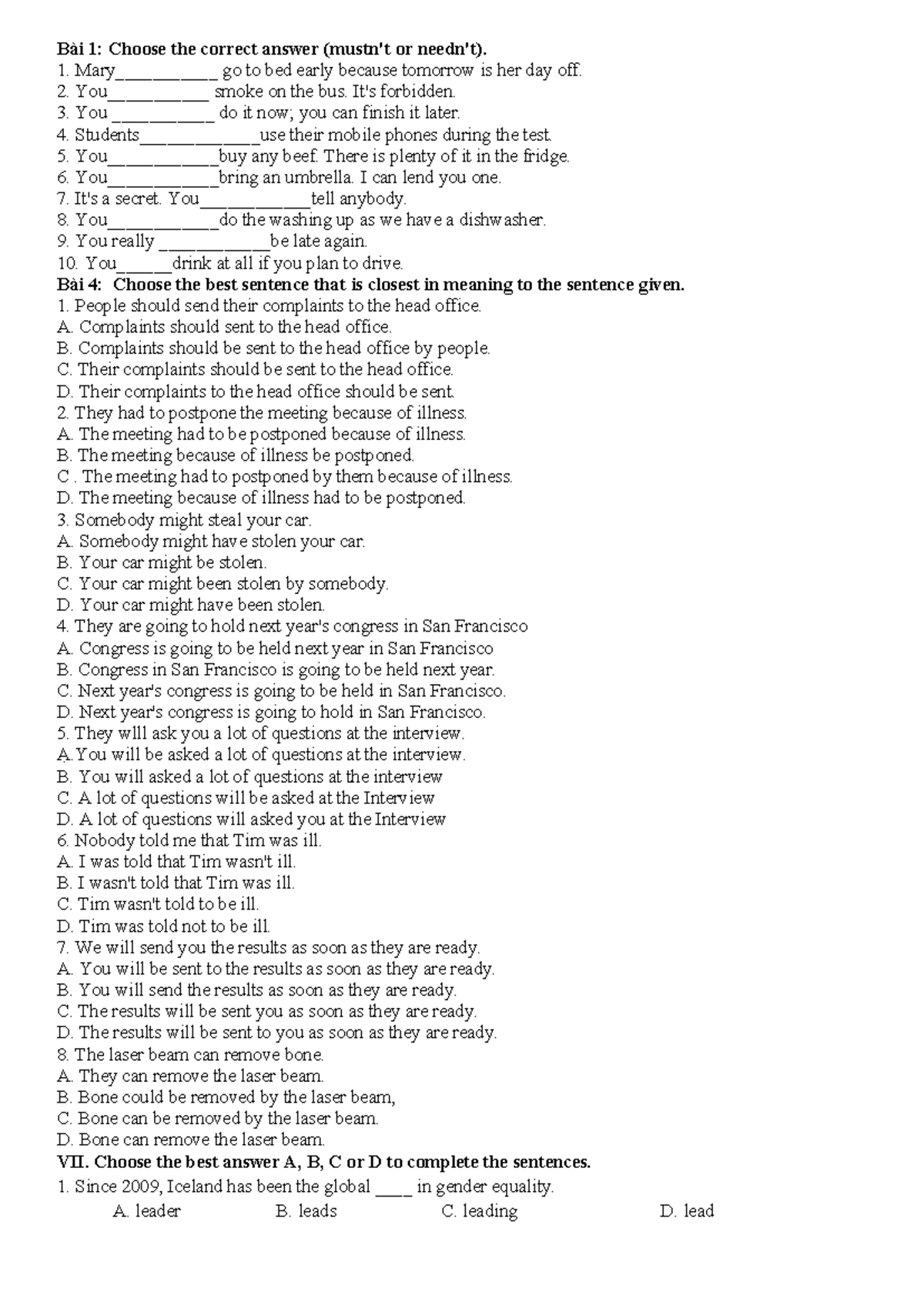 BT U6 G12 - Gender Equality and Sentence Structure Exercises - Studocu