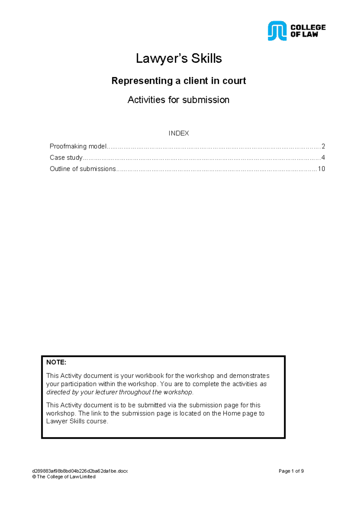 Lawyer Skills Workshop: Proofmaking Model & Case Study Activities - Studocu