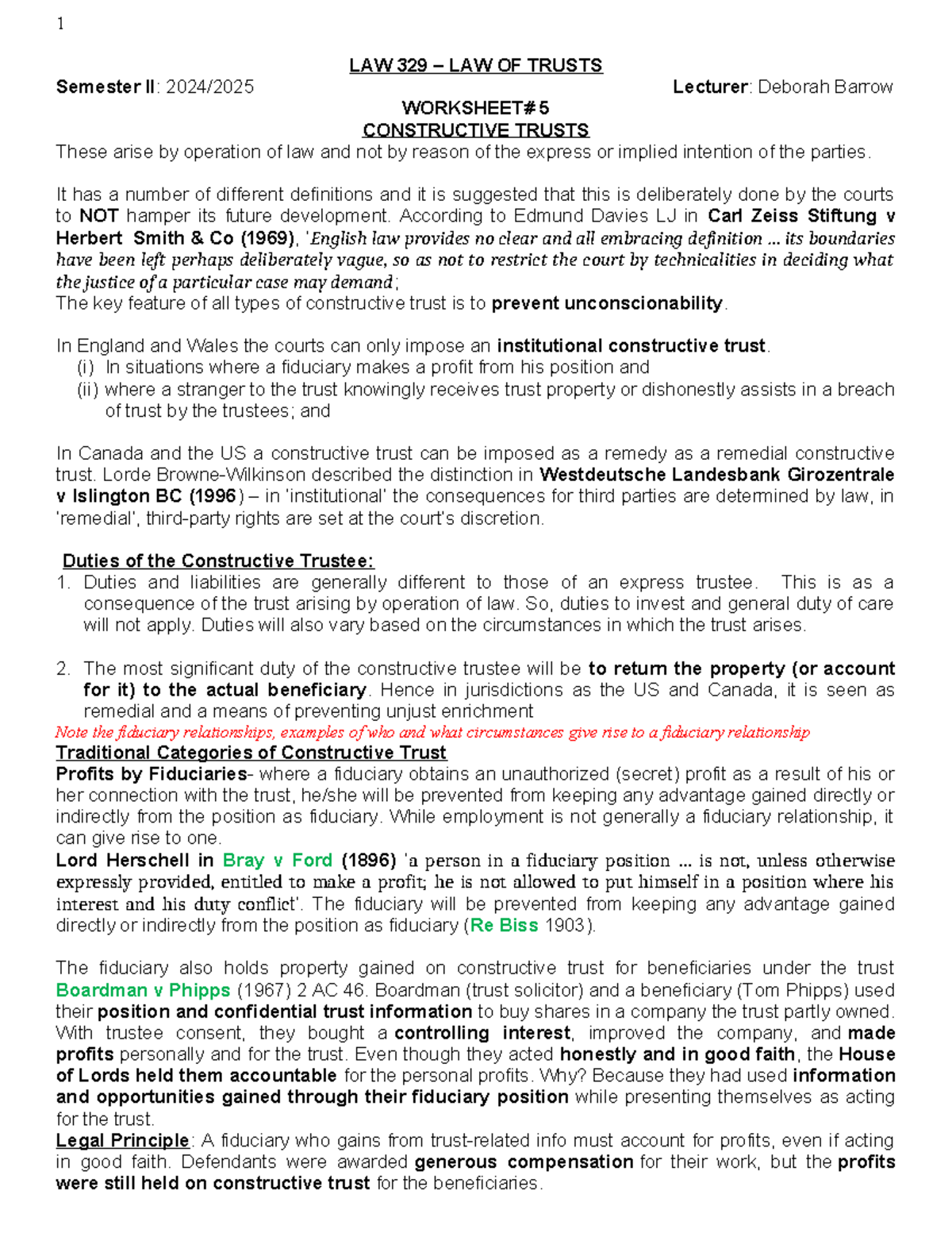 5 - LAW 329 Final Exam Notes on Constructive Trusts and Fiduciary ...