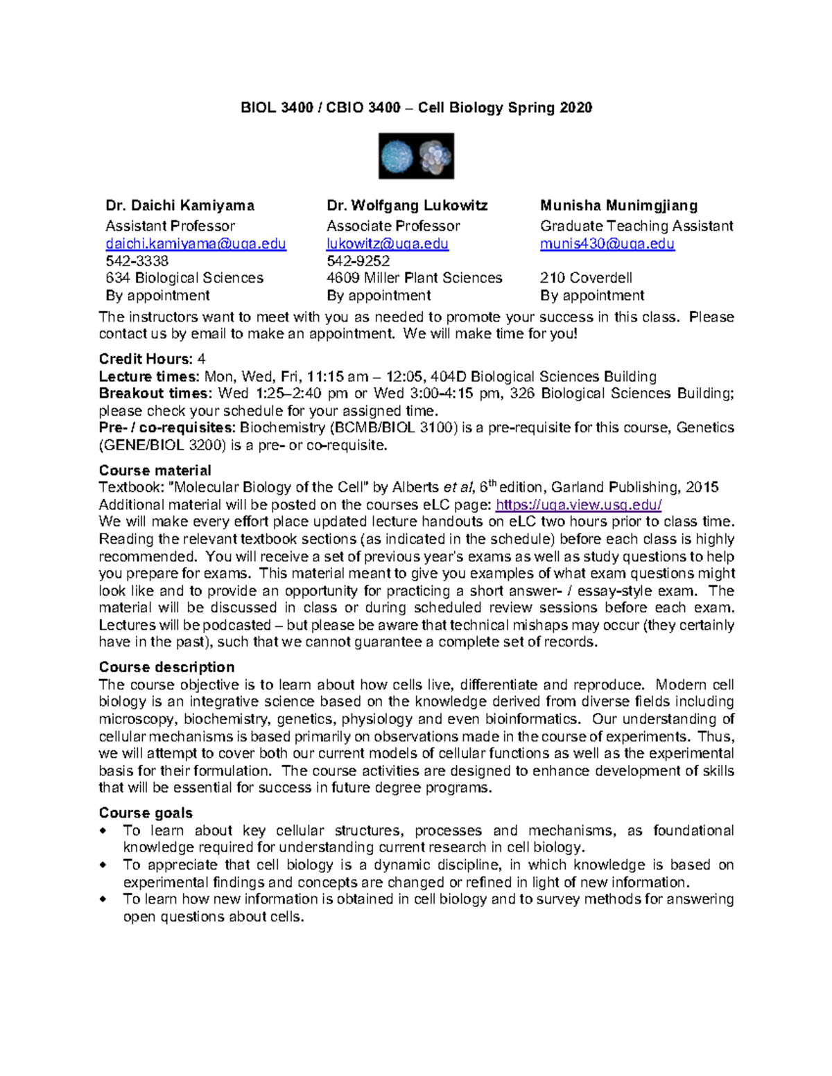 BIOL 3400 / CBIO 3400 Syllabus & Class Notes - Spring 2020 - Studocu