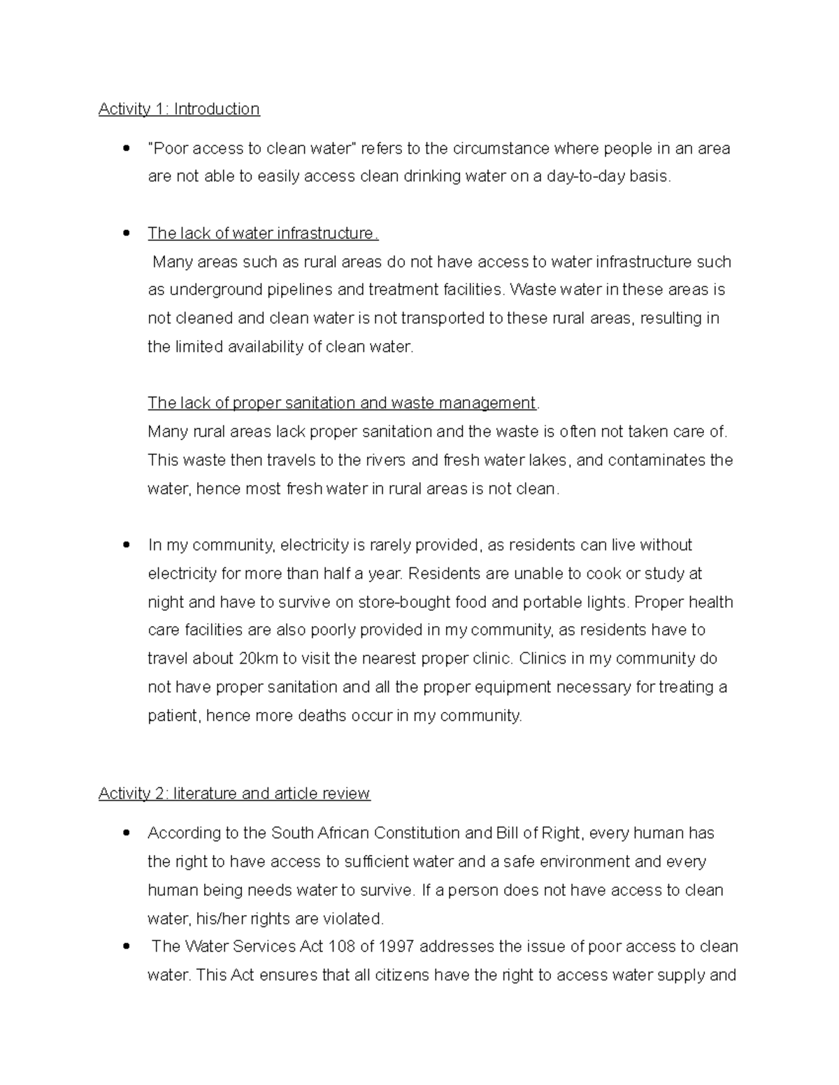 Activity 1 - Addressing Clean Water Access Challenges in Communities ...