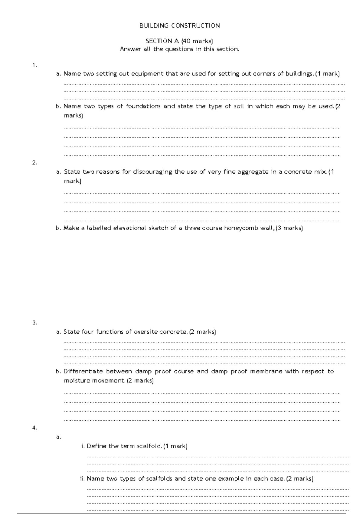 Building Construction Exam: Section A & B (40 + 60 Marks) - Studocu