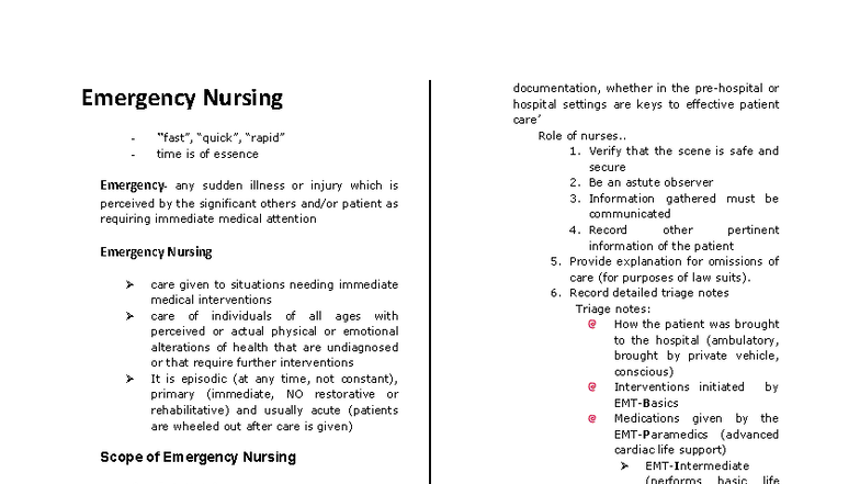 Emergency Nursing: Key Roles and Documentation in Patient Care - Studocu