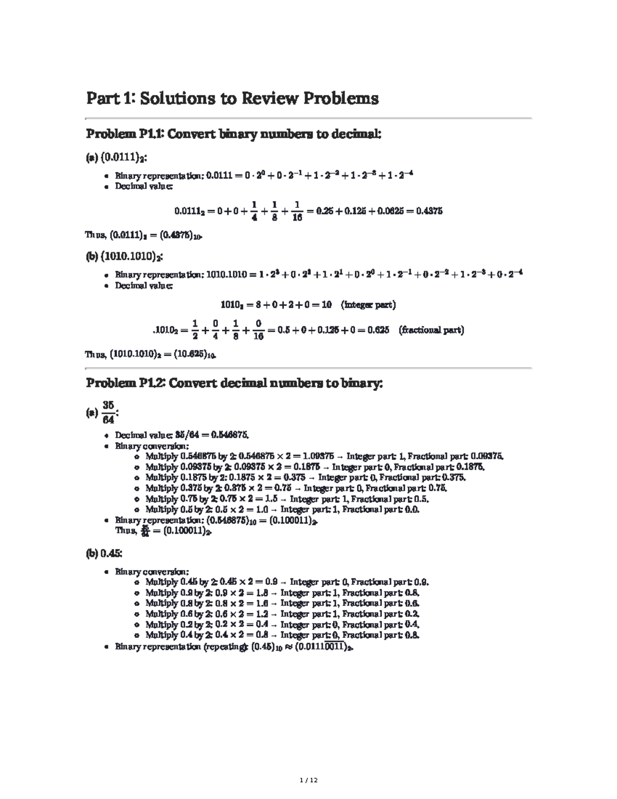 Part 1: Solutions to Review Problems in Binary and Decimal Conversions ...