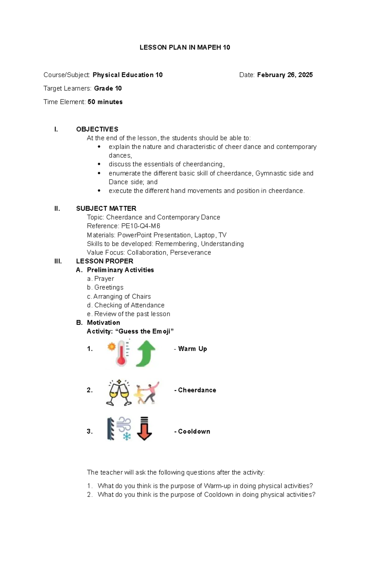 LP 10 (26) - guide - LESSON PLAN IN MAPEH 10 Course/Subject: Physical ...