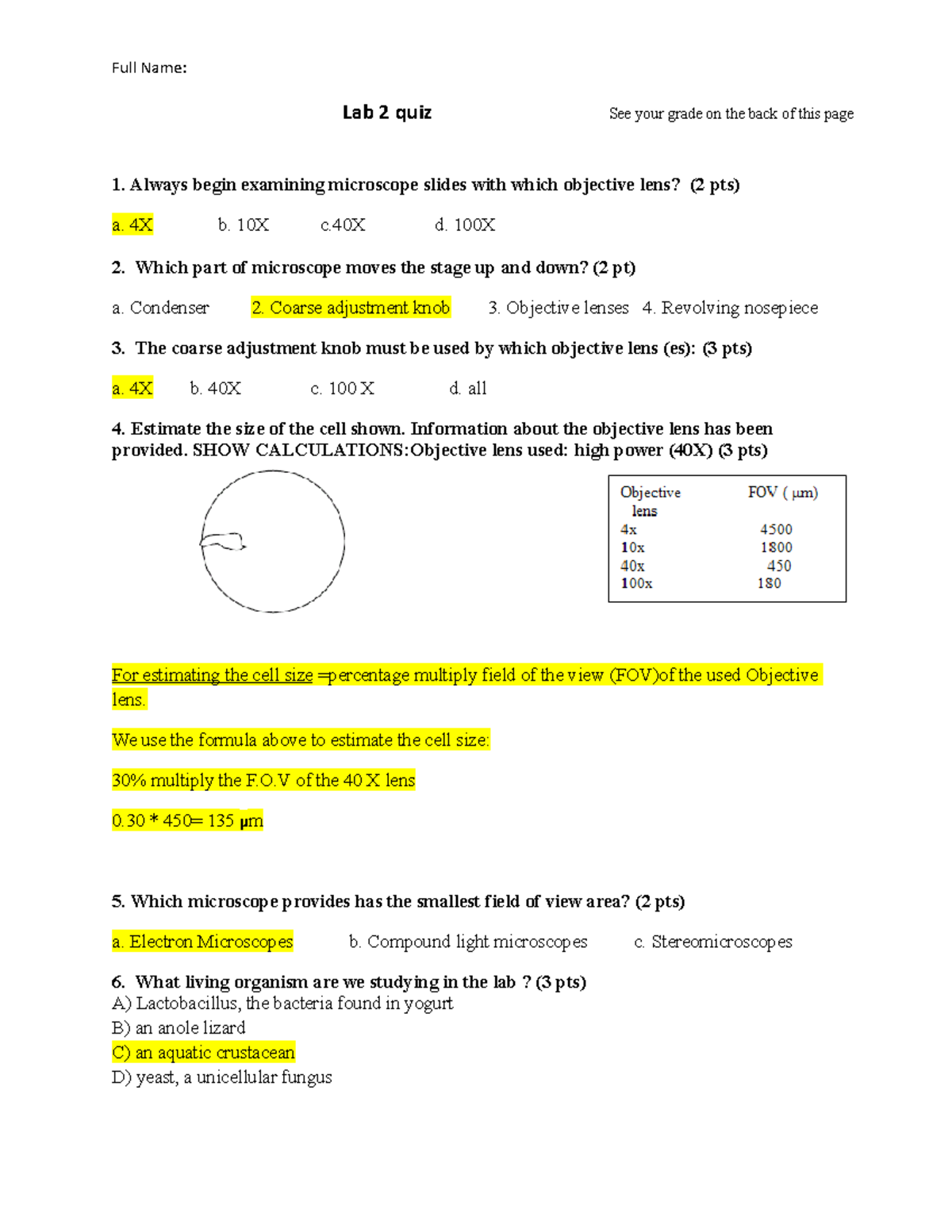 Lab 2 Microscopy Quiz Answers & Key for Easy Reference - Studocu