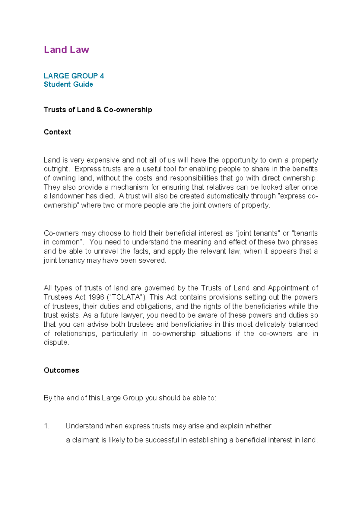 Land Law Lecture Notes 4: Trusts of Land and Their Implications - Studocu