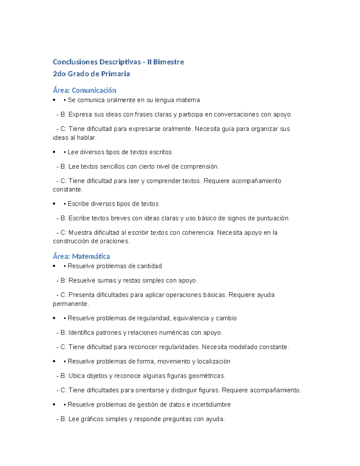 Conclusiones Descriptivas II Bimestre 2do Grado Primaria - Document Preview