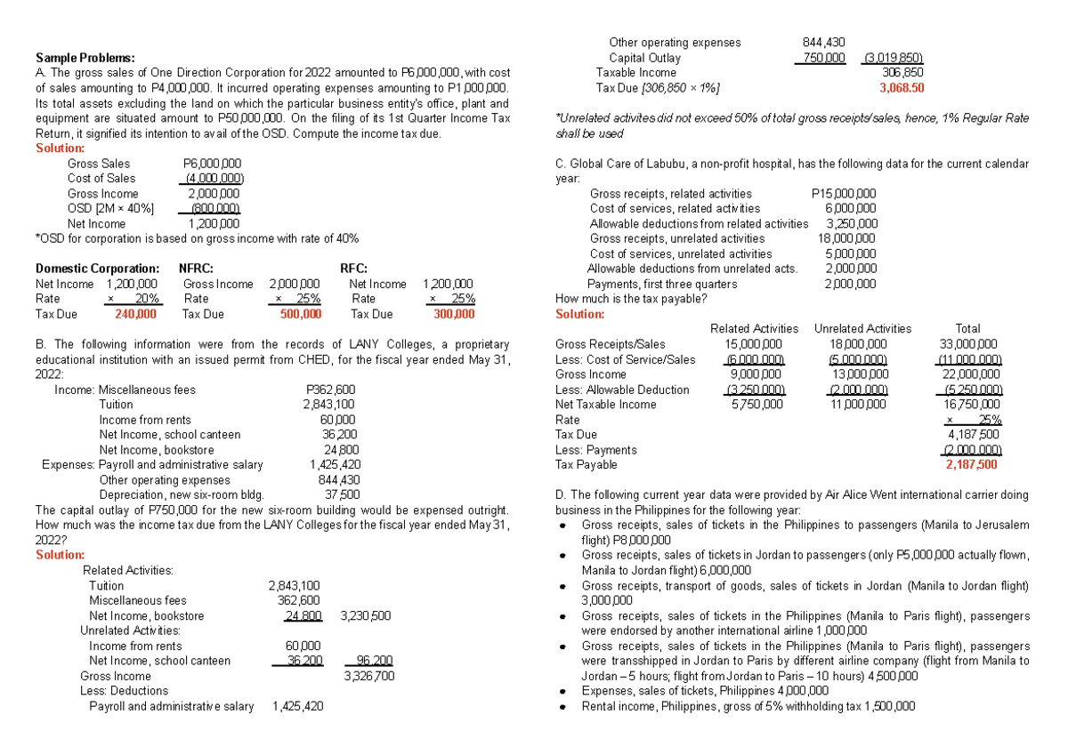Tax Computations and Sample Problems for Income Tax Returns (Tax 101 ...