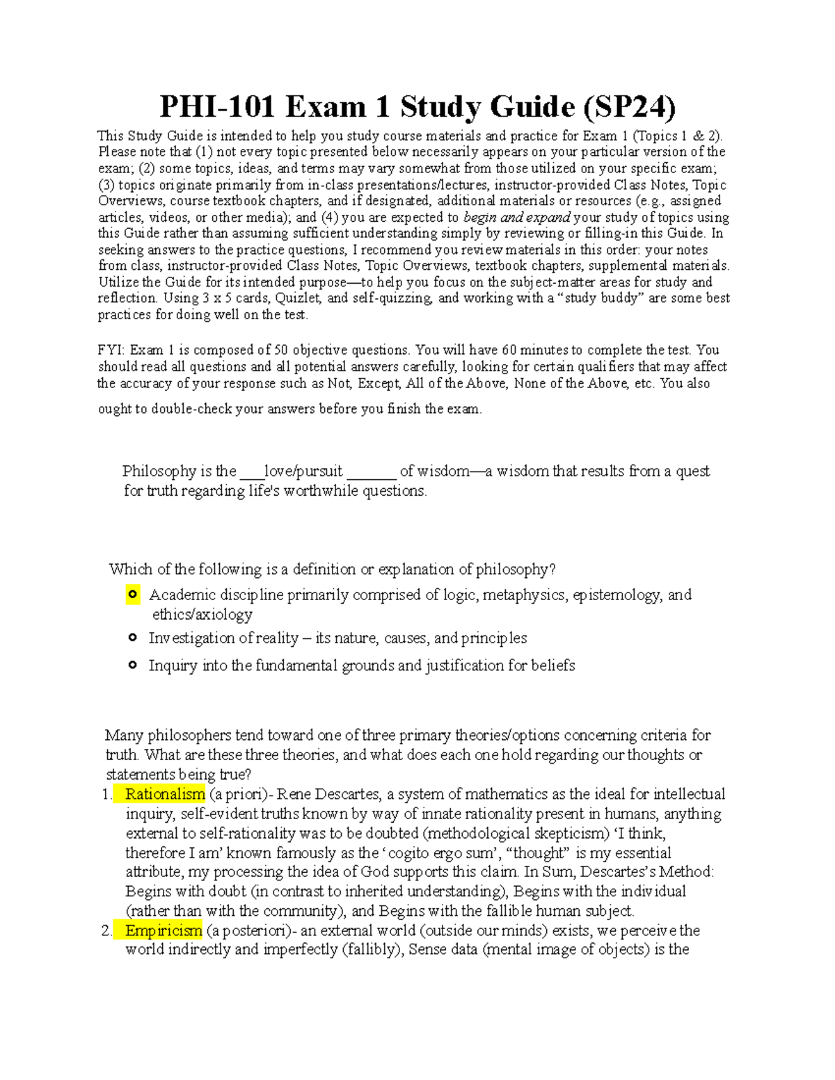 PHI-101 Exam 1 Comprehensive Study Guide (SP24) - Studocu