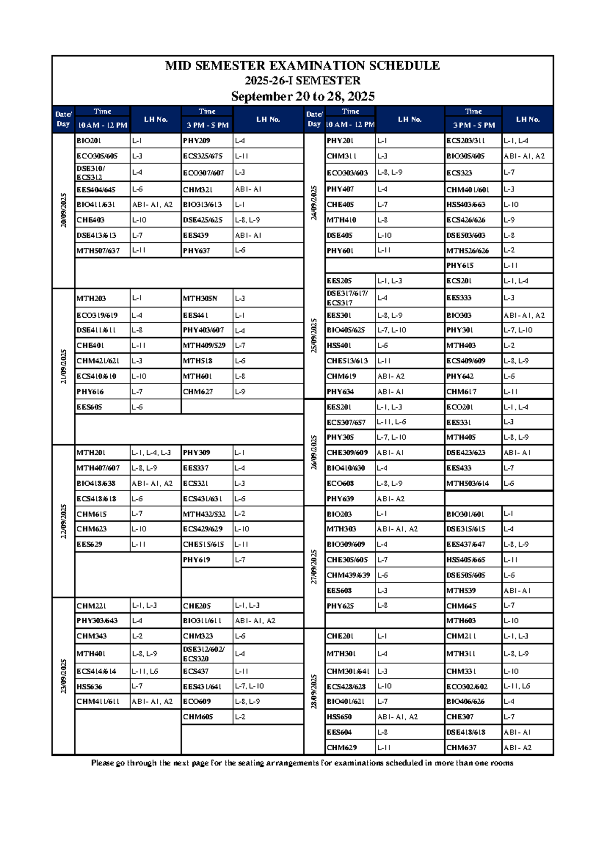 MID SEMESTER EXAM SCHEDULE 2025-26-I SEMESTER - Studocu