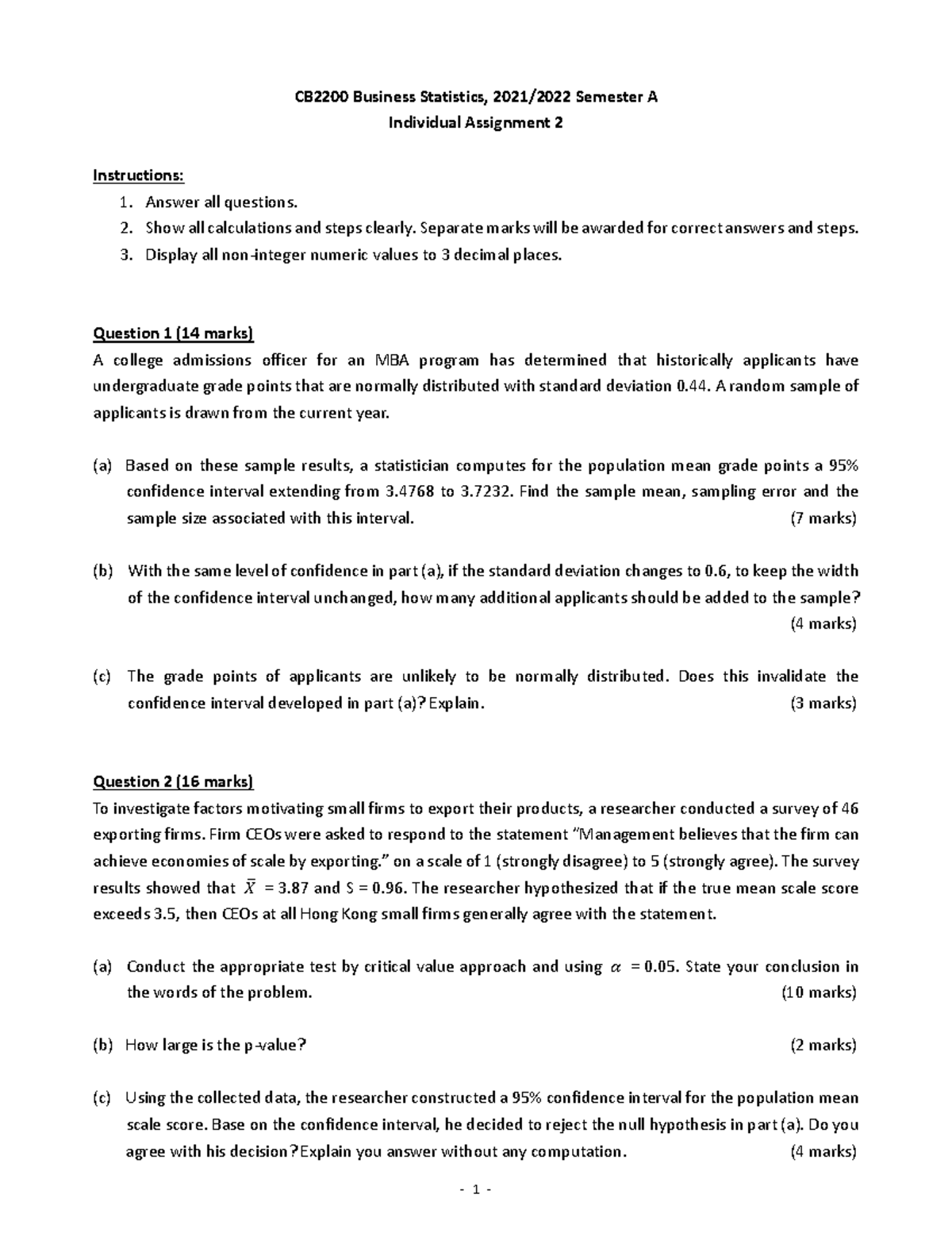Assignment 2 Questions - ‐ 1 ‐ CB2200 Business Statistics, 2021/2022 ...