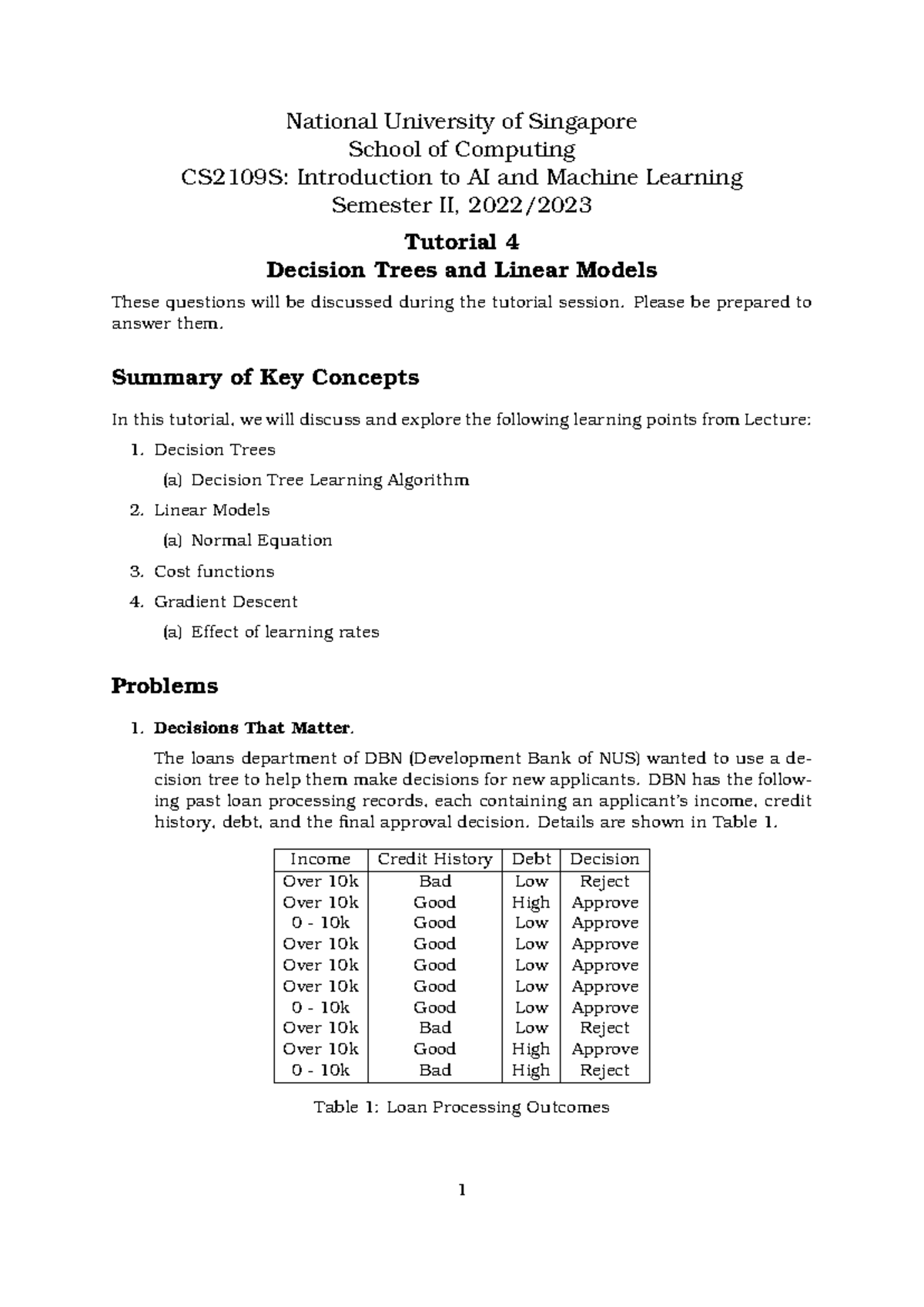 CS2109S Tutorial 4 Notes: Decision Trees and Linear Models Analysis ...