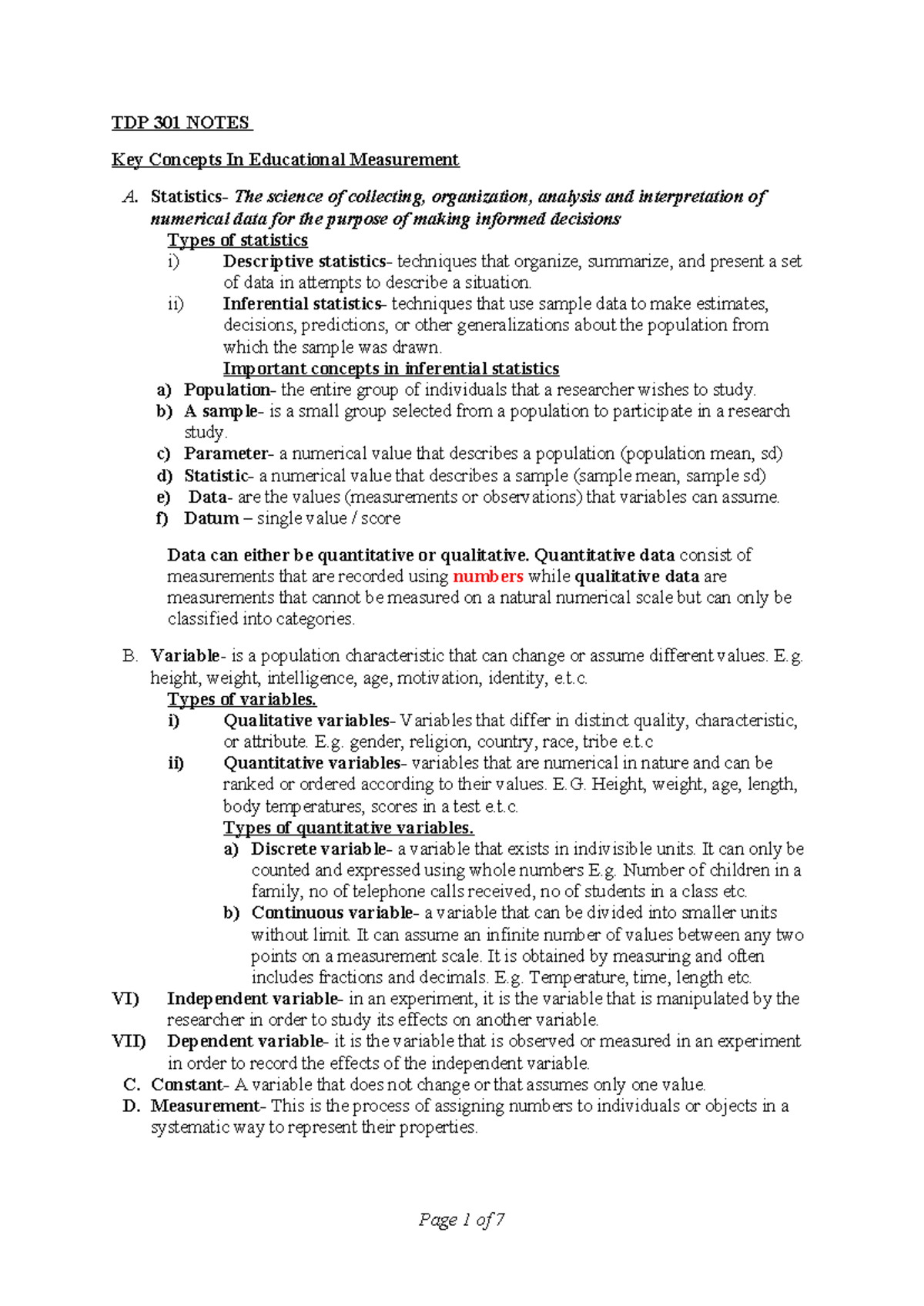 TDP 301 Notes: Key Concepts in Educational Measurement - Studocu