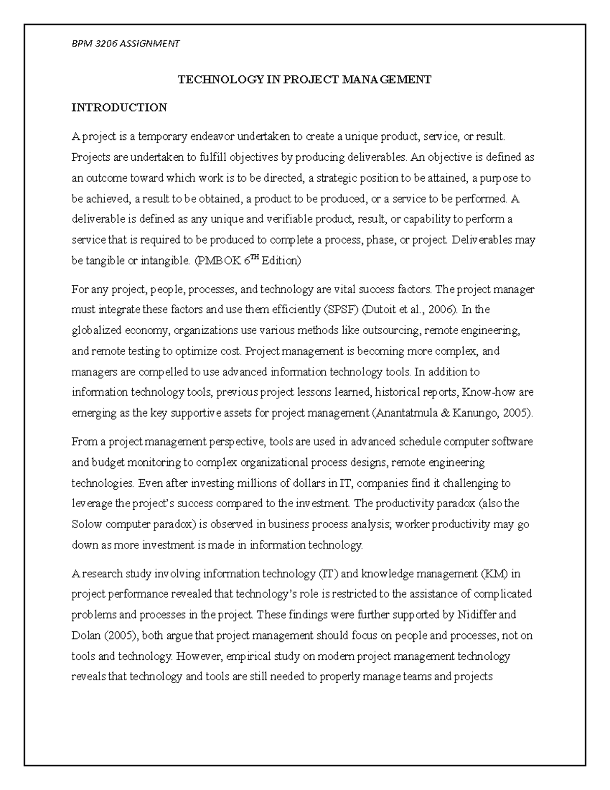 BPM 3206 Assignment 1 - Technology in Project Management Insights - Studocu