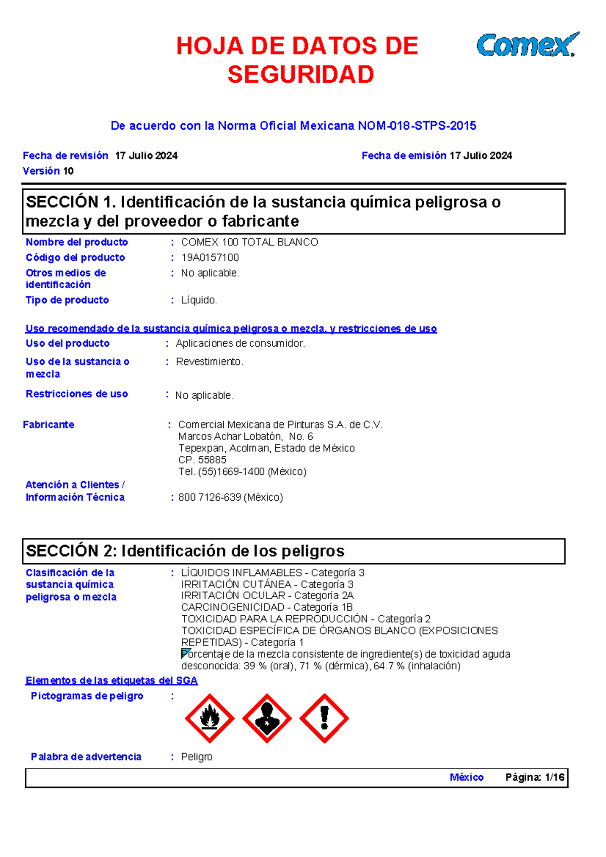 Hoja de Datos de Seguridad: COMEX 100 TOTAL BLANCO (19A0157100) - Studocu