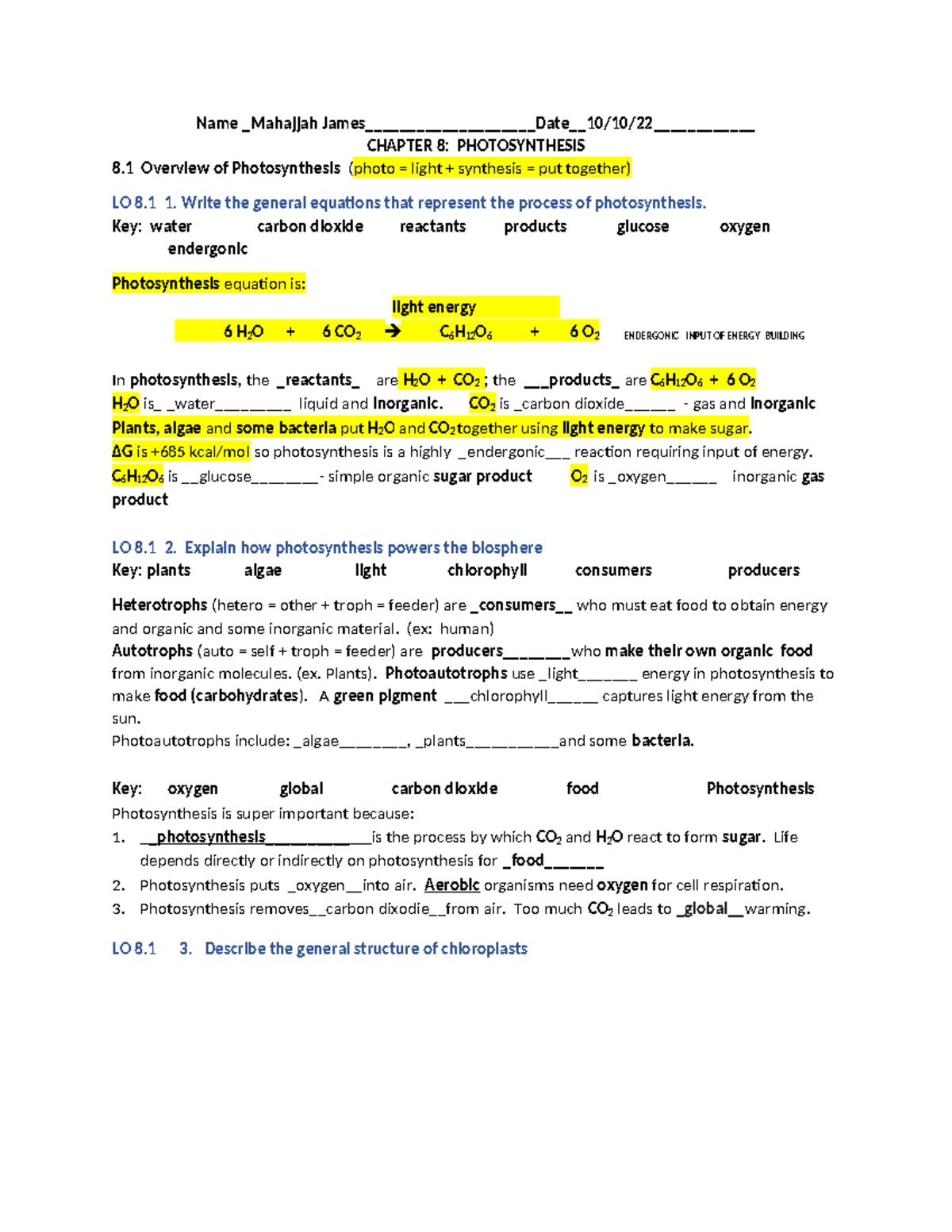 Chapter 8 guide - study quide - Name Mahajjah James ...