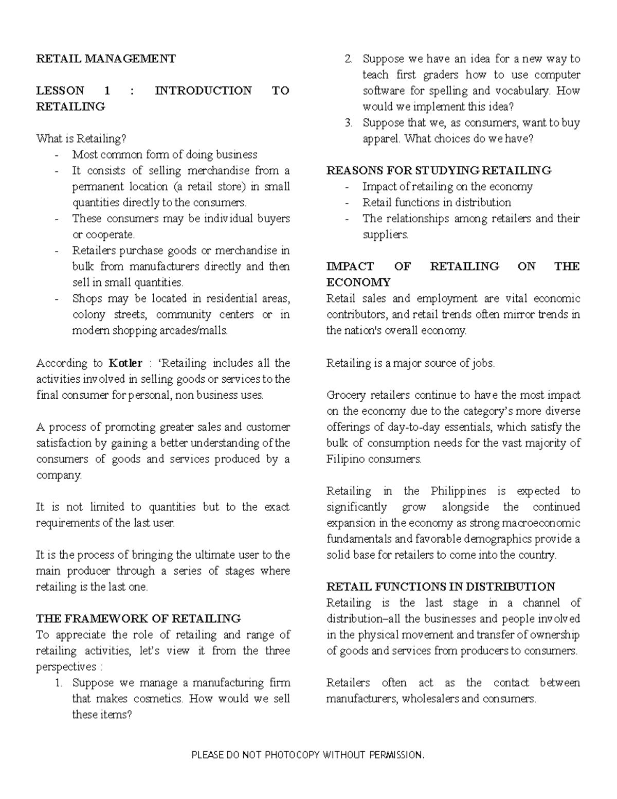 Retail Management (RM101) Lesson 1: Introduction to Retailing - Studocu