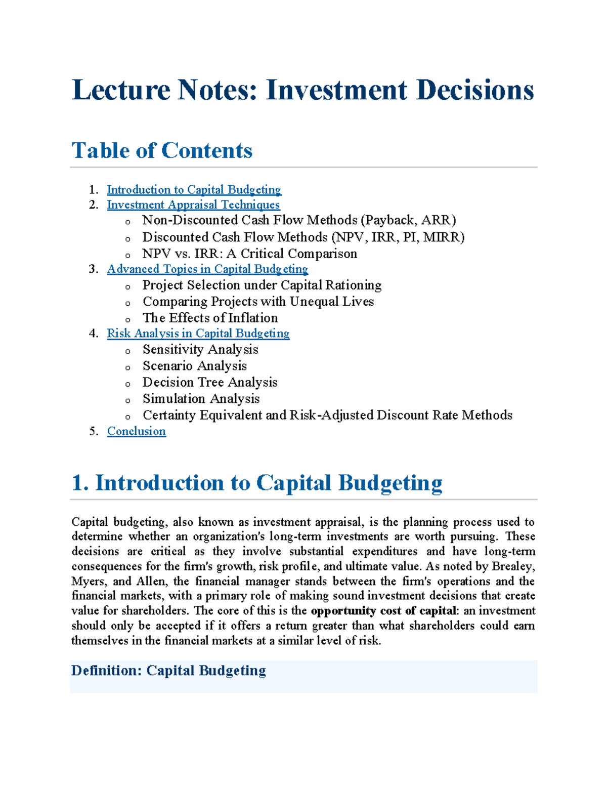 Capital Budgeting Techniques: Lecture Notes (FIN 301) - Studocu