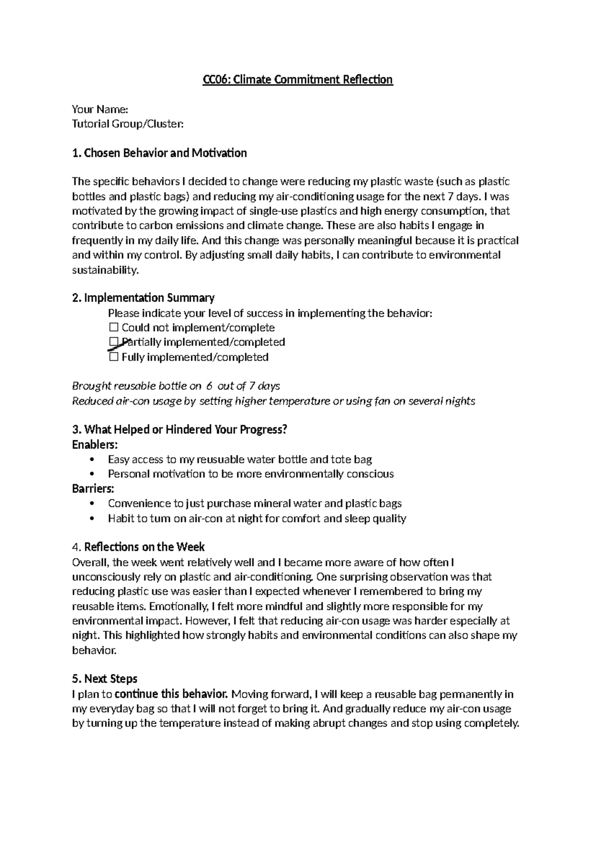 CC06: Climate Commitment Reflection - Behavior Change Insights - Studocu