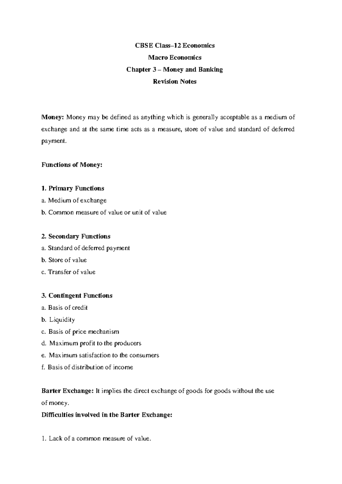 CBSE Economics Macro Economics Chapter 3 Money and Banking Revision ...