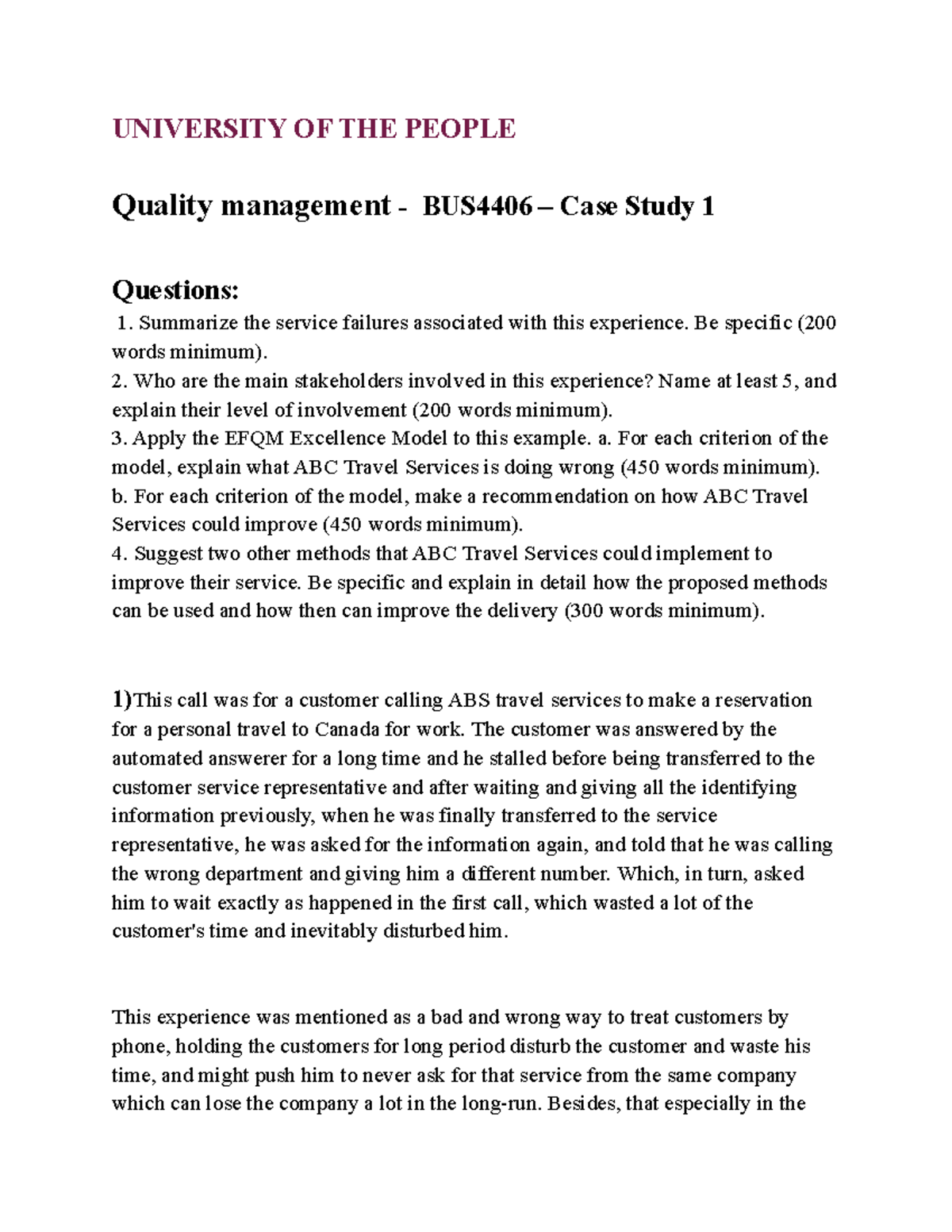 BUS4406 - Quality Management Case Study 1: Service Failures at ABC ...